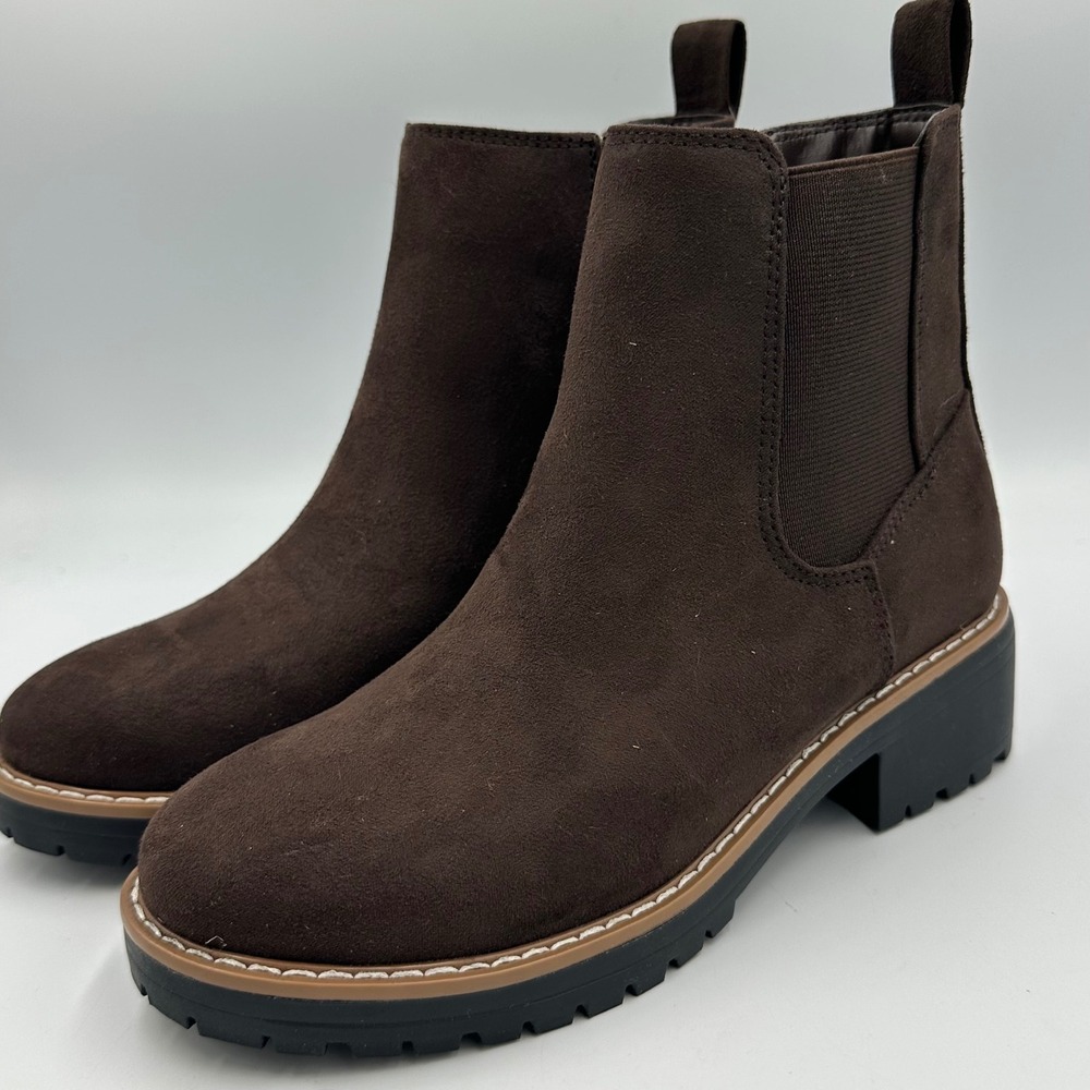 Kensie Kayla B Chelsea Ankle Boots 6 Brown NIB Faux Suede Lug Sole Zip READ